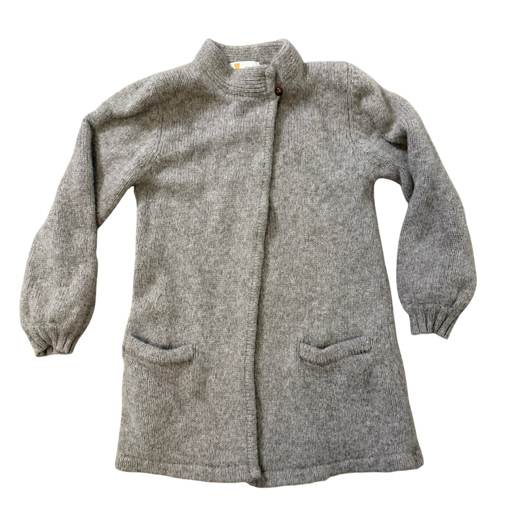 Essential Vintage‎ 100% Shetland Wool Mock Neck Long Cardigan Taupe Medium